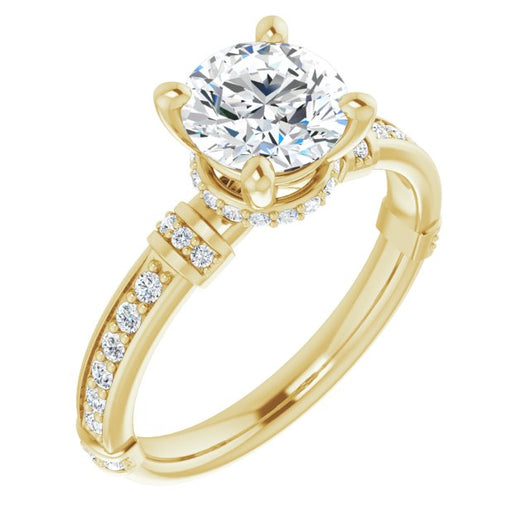 10K Yellow Gold Customizable Round Cut Style featuring Under-Halo, Shared Prong and Quad Horizontal Band Accents