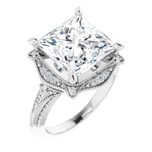 10K White Gold Customizable Vintage Princess/Square Cut Design with Beaded Milgrain and Starburst Semi-Halo