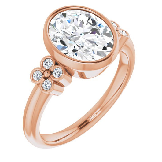 10K Rose Gold Customizable 9-stone Bezel-set Oval Cut Design with Quad Round Bezel Side Stones Each Side