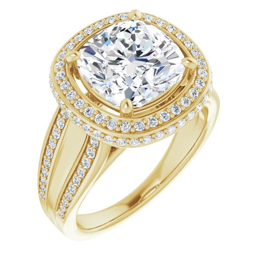 10K Yellow Gold Customizable Halo-style Cushion Cut with Under-halo & Ultra-wide Band