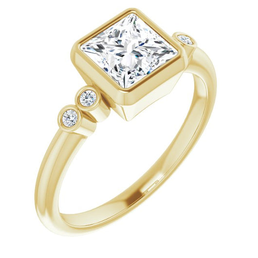 10K Yellow Gold Customizable 5-stone Bezel-set Princess/Square Cut Design with Quad Round-Bezel Side Stones