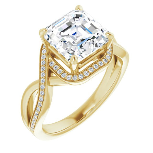 10K Yellow Gold Customizable Bypass-Halo-Accented Asscher Cut Center with Twisting Split Shared Prong Band