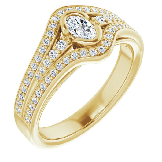 10K Yellow Gold Customizable Cathedral-Bezel Oval Cut Design with Wide Triple-Split-Pavé Band