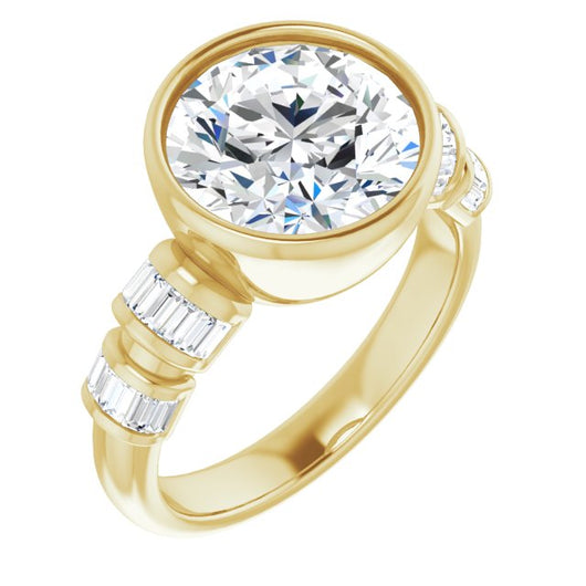 10K Yellow Gold Customizable Bezel-set Round Cut Design with Quad Horizontal Band Sleeves of Baguette Accents