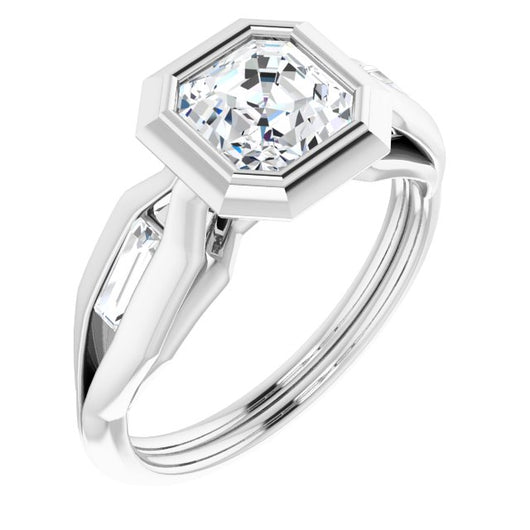 10K White Gold Customizable Bezel-set Asscher Cut Design with Wide Split Band & Tension-Channel Baguette Accents