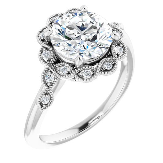 Platinum Customizable 3-stone Design with Round Cut Center and Halo Enhancement