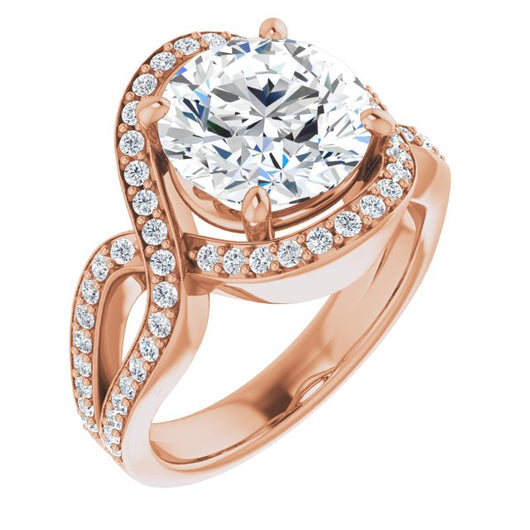 10K Rose Gold Customizable Round Cut Center with Infinity-inspired Split Shared Prong Band and Bypass Halo