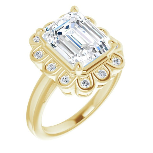 10K Yellow Gold Customizable 9-stone Emerald/Radiant Cut Design with Round Bezel Side Stones