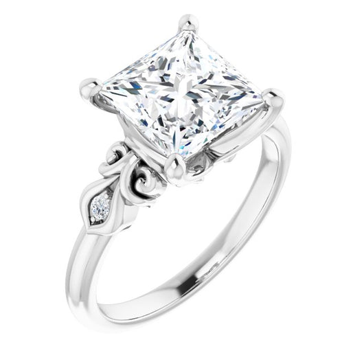 10K White Gold Customizable 3-stone Princess/Square Cut Design with Small Round Accents and Filigree