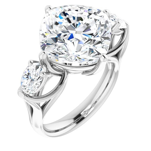 10K White Gold Customizable Cathedral-set 3-stone Cushion Cut Style with Dual Oval Cut Accents & Wide Split Band