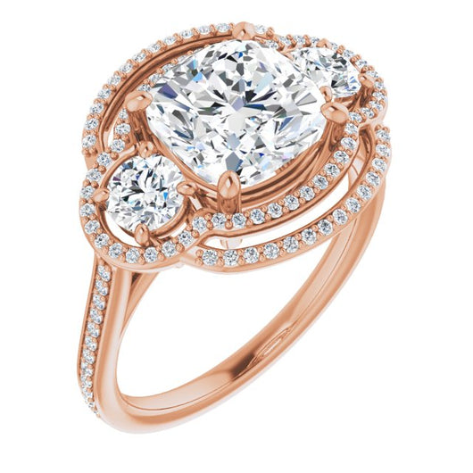 10K Rose Gold Customizable Enhanced 3-stone Double-Halo Style with Cushion Cut Center and Thin Band