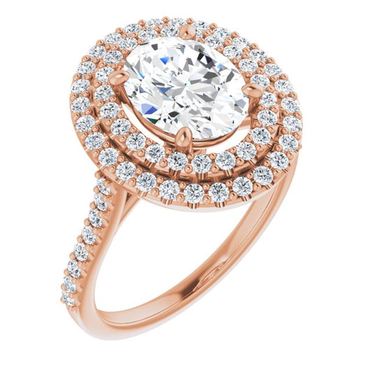 10K Rose Gold Customizable Double-Halo Oval Cut Design with Accented Split Band