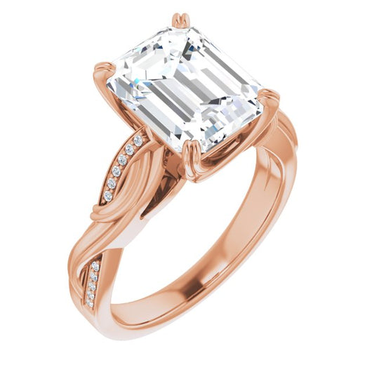 10K Rose Gold Customizable Cathedral-raised Emerald/Radiant Cut Design featuring Rope-Braided Half-Pavé Band