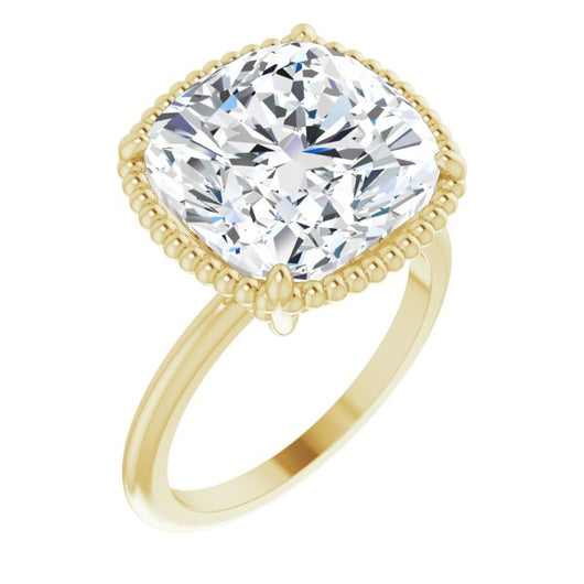 10K Yellow Gold Customizable Cushion Cut Solitaire with Beaded Metallic Milgrain