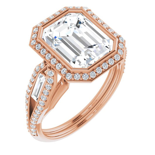 10K Rose Gold Customizable Cathedral-Bezel Emerald/Radiant Cut Design with Halo, Split-Pavé Band & Channel Baguettes