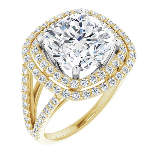 14K Yellow & White Gold Customizable Cushion Cut Design with Double Halo and Wide Split-Pavé Band