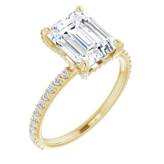 10K Yellow Gold Customizable Emerald/Radiant Cut Design with Round-Accented Band, Micropav? Under-Halo and Decorative Prong Accents)