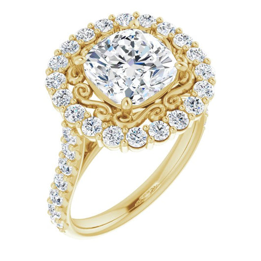 10K Yellow Gold Customizable Cushion Cut Cathedral Style with Oversized Halo