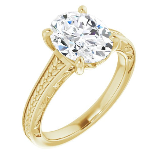 10K Yellow Gold Customizable Oval Cut Solitaire with Organic Textured Band and Decorative Prong Basket