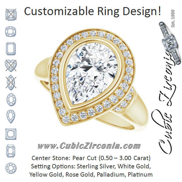 Cubic Zirconia Engagement Ring- The Vilde (Customizable Bezel-set Pear Cut Design with Halo and Vertical Round Channel Accents)