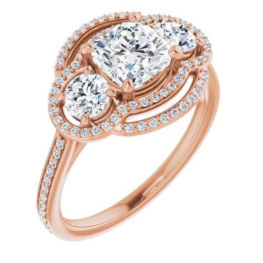 10K Rose Gold Customizable Enhanced 3-stone Double-Halo Style with Cushion Cut Center and Thin Band