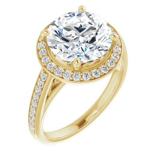 10K Yellow Gold Customizable Round Cut Style with Halo and Sculptural Trellis