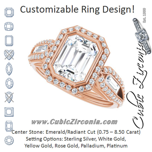 Cubic Zirconia Engagement Ring- The Alekhya (Customizable Cathedral-Bezel Emerald Cut Design with Halo, Split-Pavé Band & Channel Baguettes)