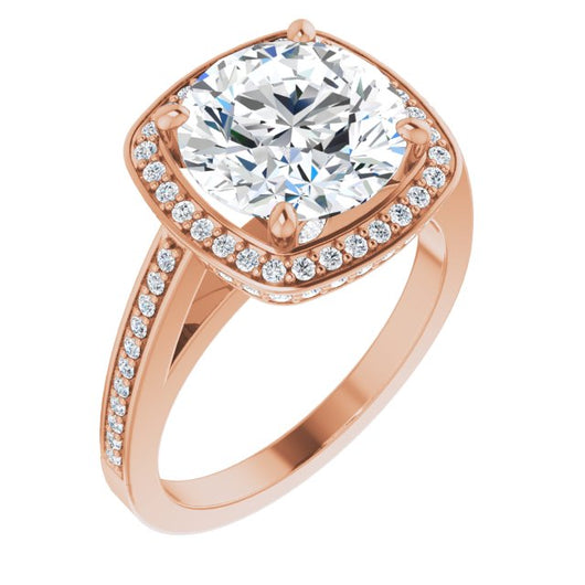 10K Rose Gold Customizable Cathedral-set Round Cut Design with Halo, Thin Pavé Band & Round-Bezel Peekaboos