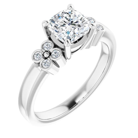 10K White Gold Customizable 9-stone Design with Cushion Cut Center and Complementary Quad Bezel-Accent Sets