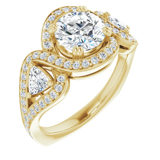 10K Yellow Gold Customizable Round Cut Center with Twin Trillion Accents, Twisting Shared Prong Split Band, and Halo