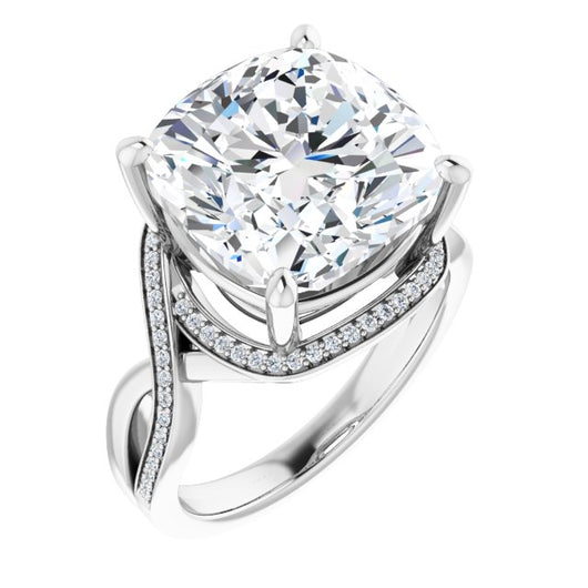 10K White Gold Customizable Bypass-Halo-Accented Cushion Cut Center with Twisting Split Shared Prong Band