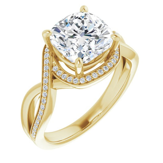 10K Yellow Gold Customizable Bypass-Halo-Accented Cushion Cut Center with Twisting Split Shared Prong Band