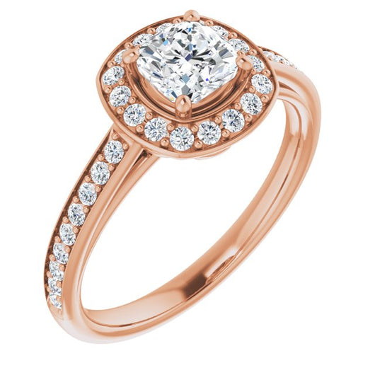 10K Rose Gold Customizable Cathedral-raised Cushion Cut Halo-and-Accented Band Design