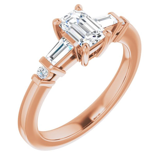 10K Rose Gold Customizable 5-stone Baguette+Round-Accented Emerald/Radiant Cut Design)