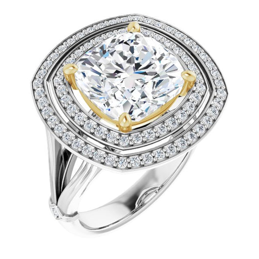 14K White & Yellow Gold Customizable Cathedral-set Cushion Cut Design with Double Halo, Wide Split Band and Side Knuckle Accents