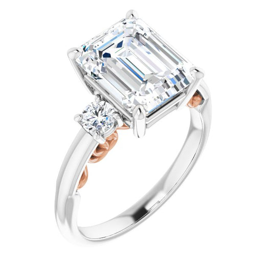 14K White & Rose Gold Customizable Emerald/Radiant Cut 3-stone Style featuring Heart-Motif Band Enhancement