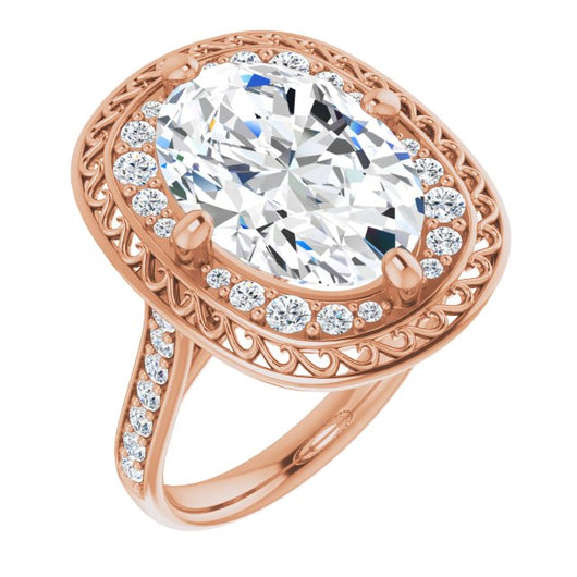 10K Rose Gold Customizable Cathedral-style Oval Cut featuring Cluster Accented Filigree Setting & Shared Prong Band