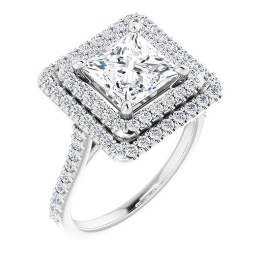 10K White Gold Customizable Double-Halo Princess/Square Cut Design with Accented Split Band