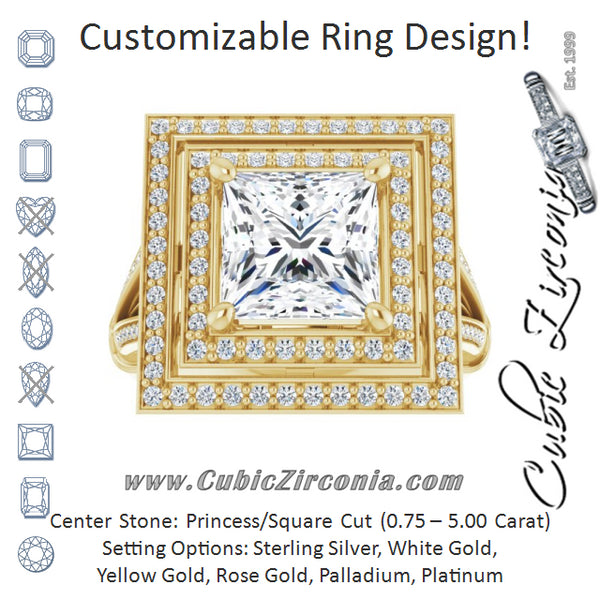 Cubic Zirconia Engagement Ring- The Chaunte (Customizable Cathedral-set Princess/Square Cut Design with Double Halo, Wide Split-Shared Prong Band and Side Knuckle Accents)