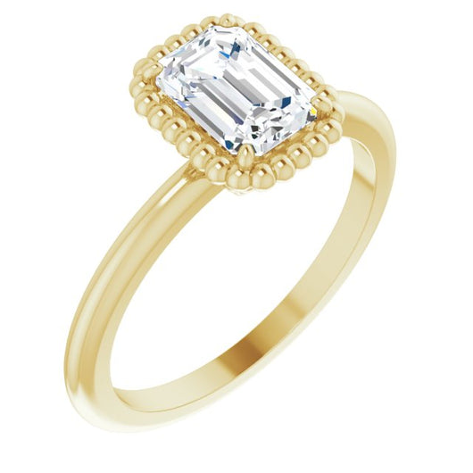 10K Yellow Gold Customizable Emerald/Radiant Cut Solitaire with Beaded Metallic Milgrain