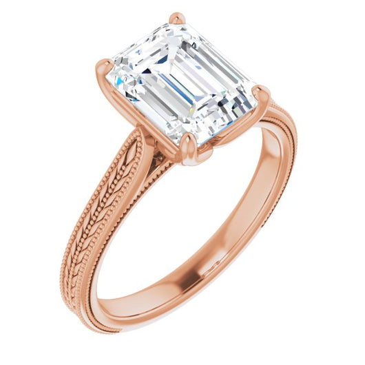 10K Rose Gold Customizable Emerald/Radiant Cut Solitaire with Wheat-inspired Band 