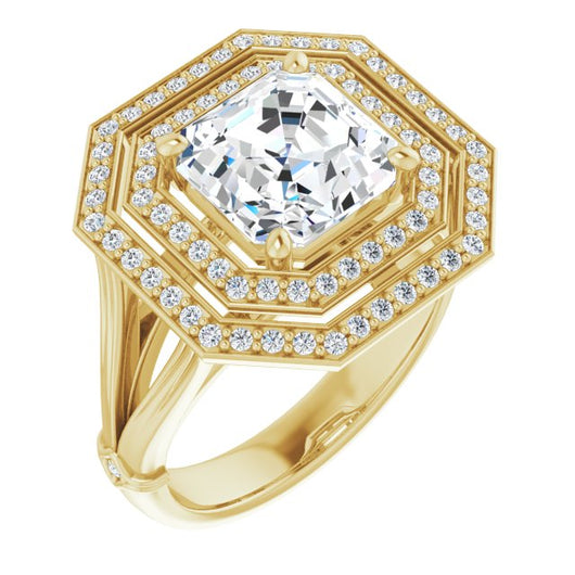 10K Yellow Gold Customizable Cathedral-set Asscher Cut Design with Double Halo, Wide Split Band and Side Knuckle Accents