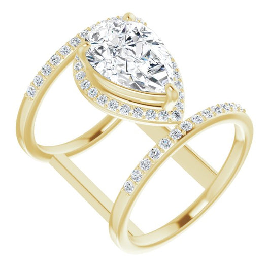 10K Yellow Gold Customizable Pear Cut Halo Design with Open, Ultrawide Harness Double Pavé Band