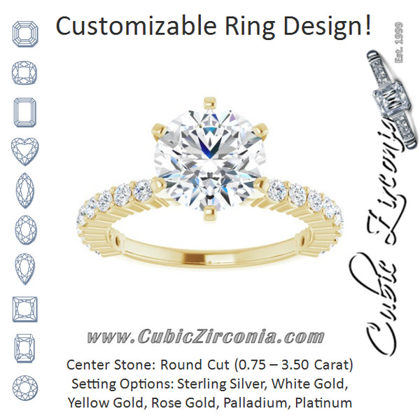 Cubic Zirconia Engagement Ring- The Thea (Customizable 6-prong Round Cut Design with Thin, Stackable Pavé Band)