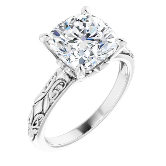 10K White Gold Customizable Cushion Cut Solitaire featuring Delicate Metal Scrollwork