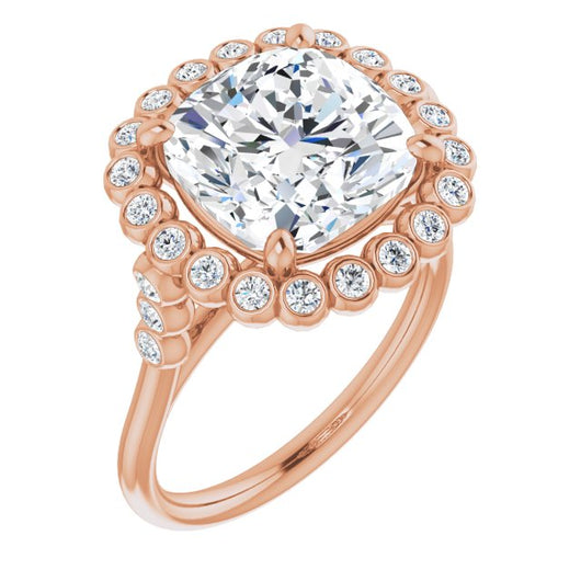 10K Rose Gold Customizable Cushion Cut Cathedral-Style Clustered Halo Design with Round Bezel Accents