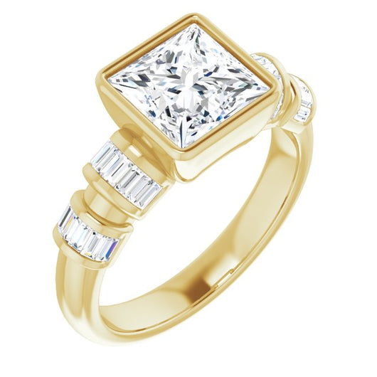 10K Yellow Gold Customizable Bezel-set Princess/Square Cut Design with Quad Horizontal Band Sleeves of Baguette Accents