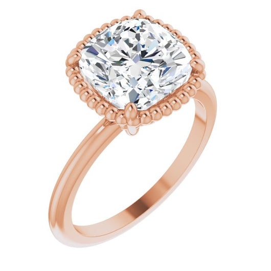 10K Rose Gold Customizable Cushion Cut Solitaire with Beaded Metallic Milgrain