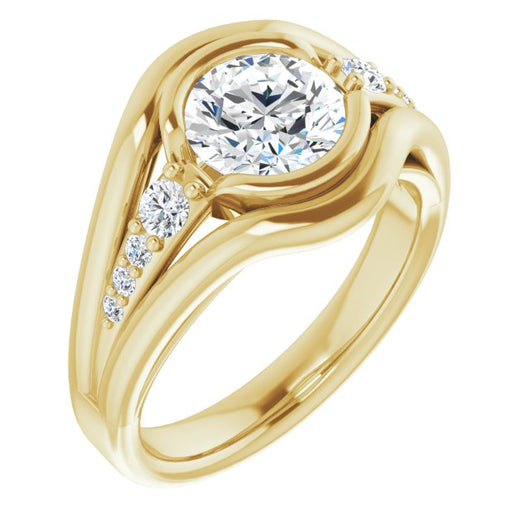 10K Yellow Gold Customizable 9-stone Round Cut Design with Bezel Center, Wide Band and Round Prong Side Stones