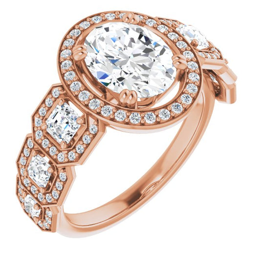 10K Rose Gold Customizable Cathedral-Halo Oval Cut Design with Six Halo-surrounded Asscher Cut Accents and Ultra-wide Band